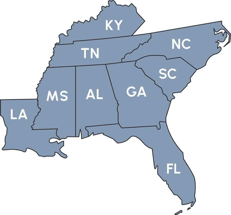 map of: Alabama, Mississippi, Louisiana, Tennessee, Georgia, Florida, South Carolina, North Carolina, and Kentucky